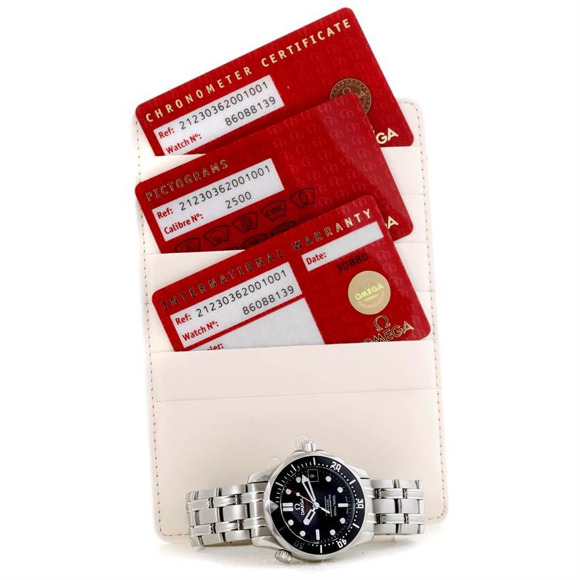 The image shows an Omega Seamaster 212.30.36.20.01.001 Stainless Steel Black Dial 212.30.36.20.01.001 Stainless Steel Black Dial watch with its Chronometer Certificate, Pictogram, and International Warranty cards.