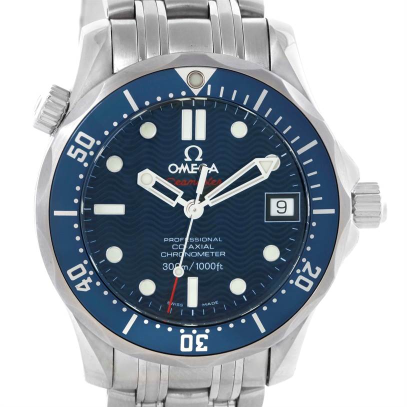 The image shows the Omega Seamaster 2222.80.00 Men
s Stainless Steel Blue Dial 2222.80.00 Men
s Stainless Steel Blue Dial watch from a frontal angle, featuring the dial, bezel, crown, and part of the bracelet.