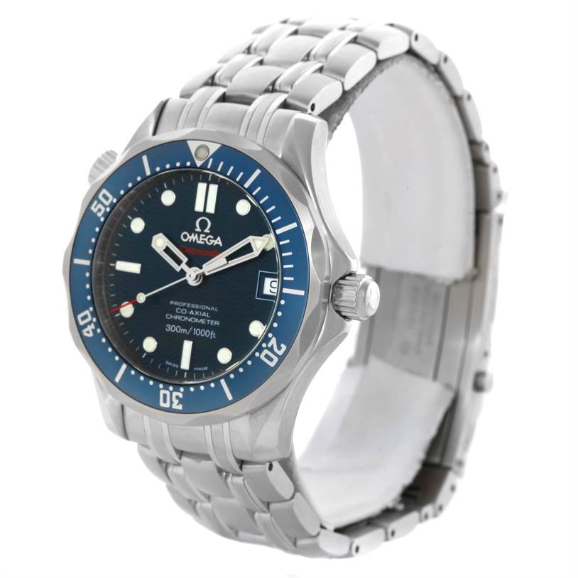 The Omega Seamaster 2222.80.00 Men
s Stainless Steel Blue Dial 2222.80.00 Men
s Stainless Steel Blue Dial watch is shown at a three-quarter angle, highlighting the face, bezel, crown, and part of the bracelet.