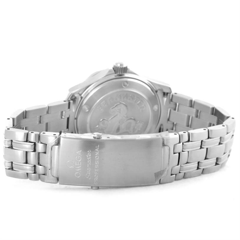 The image shows the underside and clasp of an Omega Seamaster 2222.80.00 Men
s Stainless Steel Blue Dial 2222.80.00 Men
s Stainless Steel Blue Dial watch, highlighting the metal bracelet and engraved clasp.