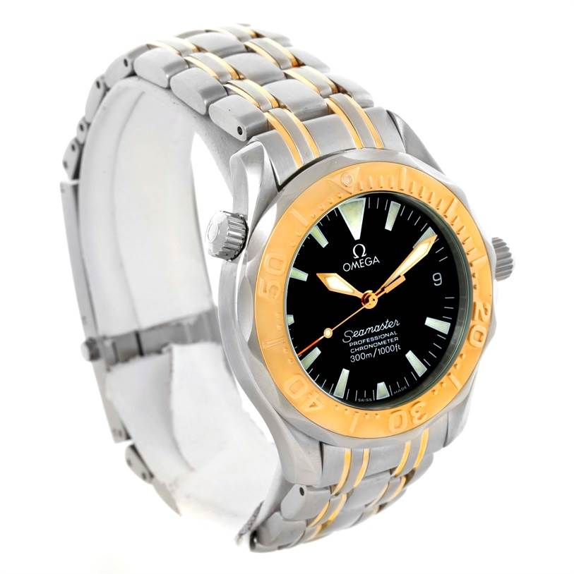 The image shows a side-angle view of the Omega Seamaster Men's Stainless Steel Black Dial Men's Stainless Steel Black Dial watch, highlighting its bezel, dial, and bracelet.