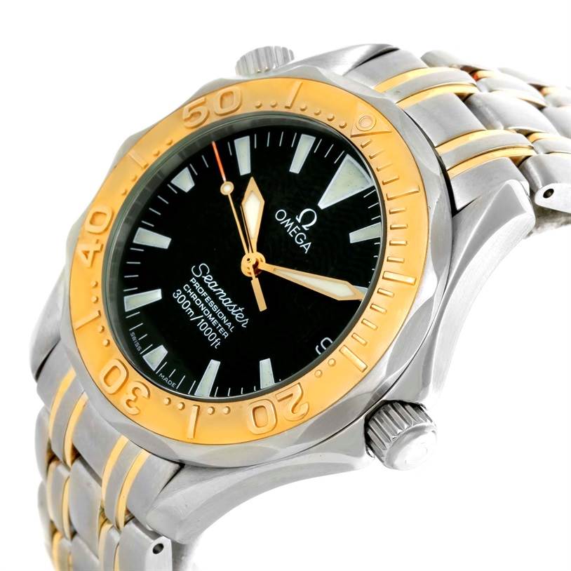 This image shows an Omega Seamaster Men's Stainless Steel Black Dial Men's Stainless Steel Black Dial watch from an angled perspective, displaying its bezel, crown, dial, and part of the bracelet.