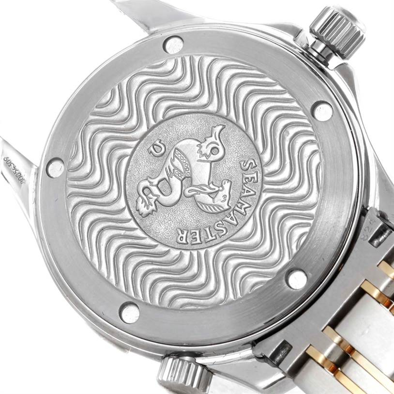 The image shows the back case and part of the bracelet of an Omega Seamaster Men's Stainless Steel Black Dial Men's Stainless Steel Black Dial watch.