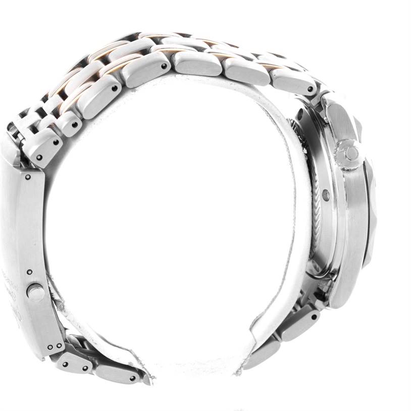 The image shows a side profile of the Omega Seamaster Men's Stainless Steel Black Dial Men's Stainless Steel Black Dial watch, focusing on its stainless steel bracelet and case.