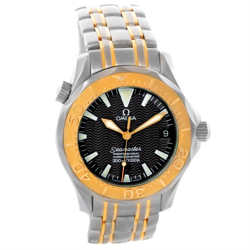 The image shows a front view of an Omega Seamaster Men's Stainless Steel Black Dial Men's Stainless Steel Black Dial watch, highlighting the bezel, dial, hands, and bracelet.
