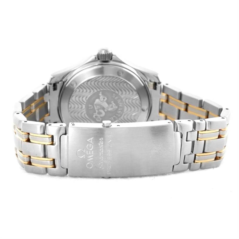 The image shows the back and bracelet of an Omega Seamaster Men's Stainless Steel Black Dial Men's Stainless Steel Black Dial watch with a view of the clasp and case back.