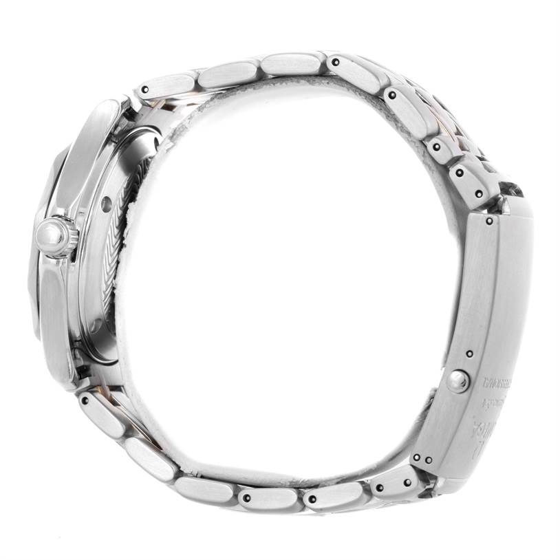 The image shows a side view of an Omega Seamaster Men's Stainless Steel Black Dial Men's Stainless Steel Black Dial watch, highlighting the case, crown, and bracelet.