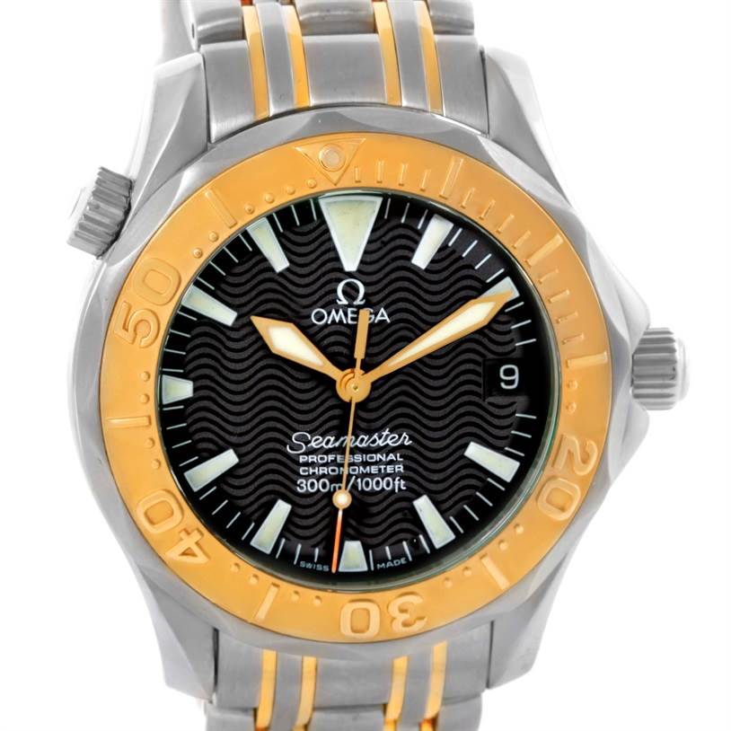 The image shows a front view of the Omega Seamaster Men's Stainless Steel Black Dial Men's Stainless Steel Black Dial watch, highlighting the dial, bezel, hands, and part of the bracelet.