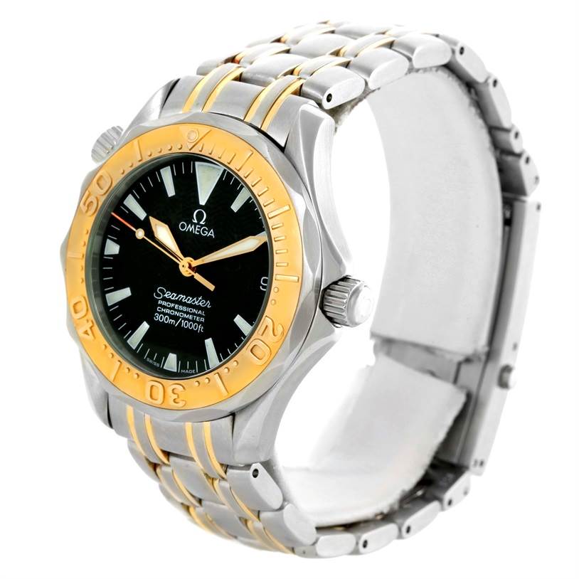 The Omega Seamaster Men's Stainless Steel Black Dial Men's Stainless Steel Black Dial watch is shown at a slight side angle, highlighting its dial, bezel, and part of the bracelet.