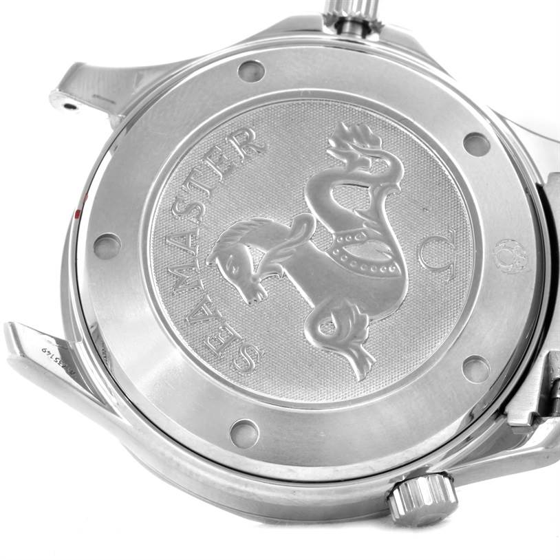 The image shows the case back of an Omega Seamaster 2220.80.00 Men
s Stainless Steel Blue Dial 2220.80.00 Men
s Stainless Steel Blue Dial watch with the engraved emblem and lettering visible.