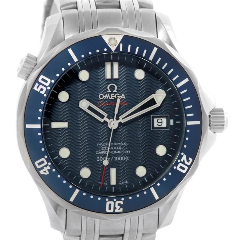 The Omega Seamaster 2220.80.00 Men
s Stainless Steel Blue Dial 2220.80.00 Men
s Stainless Steel Blue Dial watch is shown from the front, displaying the dial, bezel, and part of the metal bracelet.