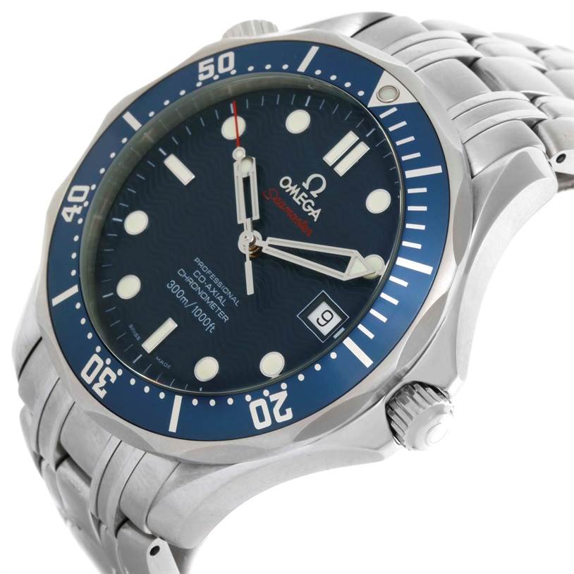 Angled view of an Omega Seamaster 2220.80.00 Men
s Stainless Steel Blue Dial 2220.80.00 Men
s Stainless Steel Blue Dial showing the dial, bezel, crown, and part of the bracelet.