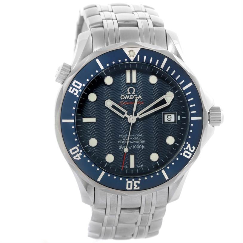 The image shows a front-angle view of an Omega Seamaster 2220.80.00 Men
s Stainless Steel Blue Dial 2220.80.00 Men
s Stainless Steel Blue Dial watch, highlighting its face, bezel, and stainless steel bracelet.