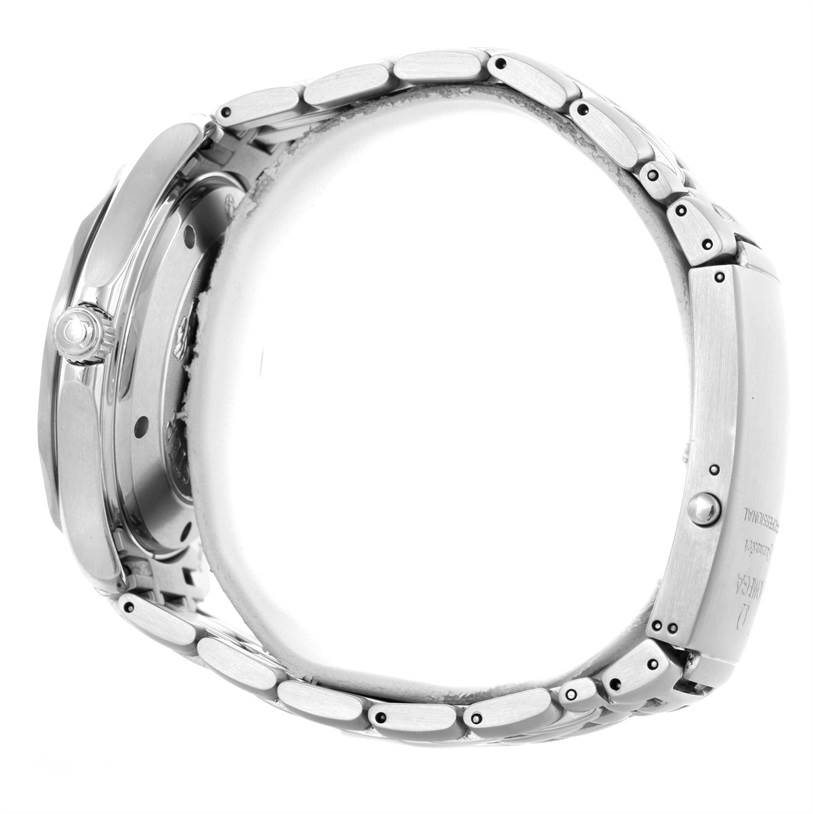 The image shows a side view of the Omega Seamaster 2220.80.00 Men
s Stainless Steel Blue Dial 2220.80.00 Men
s Stainless Steel Blue Dial watch, highlighting the case, crown, and metal bracelet.