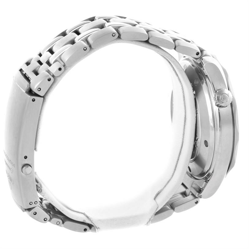 This side view image of the Omega Seamaster 2220.80.00 Men
s Stainless Steel Blue Dial 2220.80.00 Men
s Stainless Steel Blue Dial watch shows the case, crown, and metal bracelet.