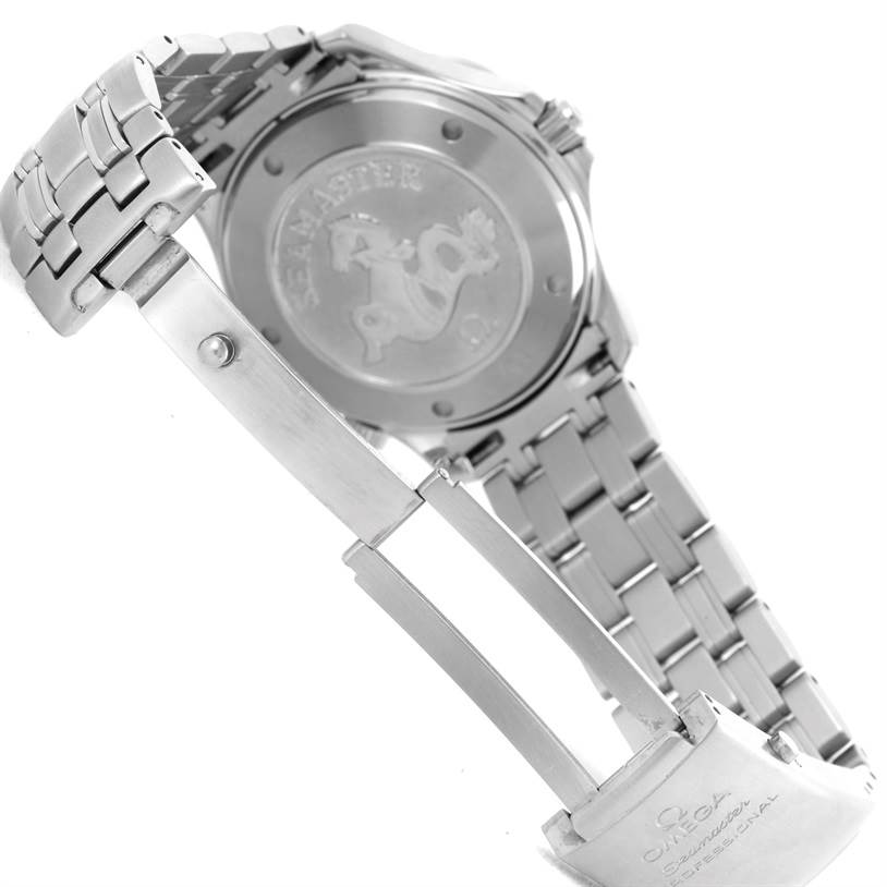 The image shows the back case and metal bracelet of an Omega Seamaster 2220.80.00 Men
s Stainless Steel Blue Dial 2220.80.00 Men
s Stainless Steel Blue Dial watch, highlighting the engraved case back and deployment clasp.