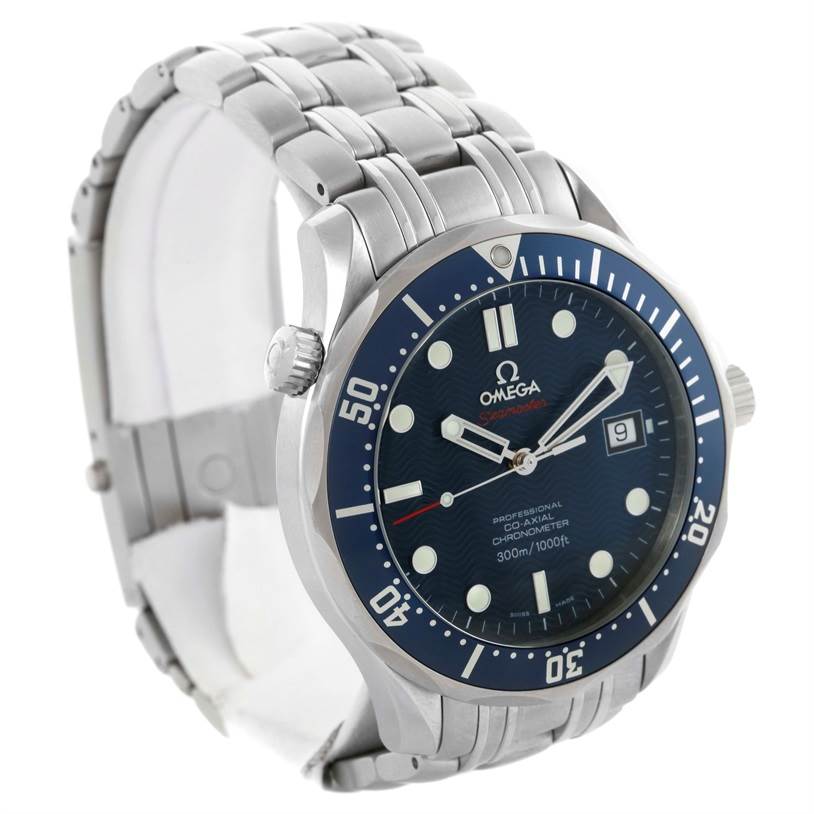 The image shows a side angle of the Omega Seamaster 2220.80.00 Men
s Stainless Steel Blue Dial 2220.80.00 Men
s Stainless Steel Blue Dial watch, displaying the bezel, crown, dial, and metal bracelet.
