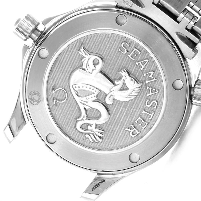 The image shows the back case of the Omega Seamaster 212.30.36.61.01.001 Men
s Stainless Steel Black Dial 212.30.36.61.01.001 Men
s Stainless Steel Black Dial watch, highlighting its screw-down case back with the Seamaster logo.