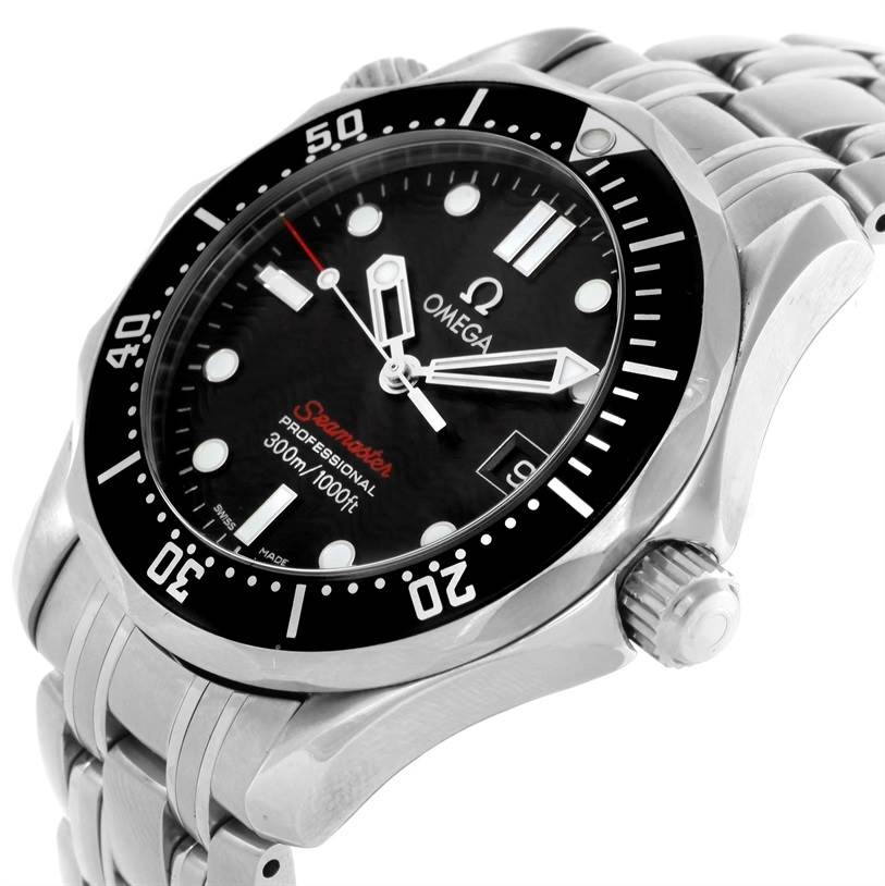 This image shows an Omega Seamaster 212.30.36.61.01.001 Men
s Stainless Steel Black Dial 212.30.36.61.01.001 Men
s Stainless Steel Black Dial watch from a slight side angle, highlighting the face, bezel, and stainless steel bracelet.