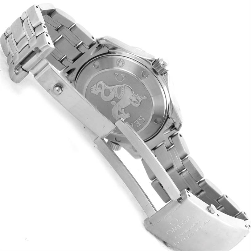 The image shows the back case and partially opened clasp of an Omega Seamaster 212.30.36.61.01.001 Men
s Stainless Steel Black Dial 212.30.36.61.01.001 Men
s Stainless Steel Black Dial watch.