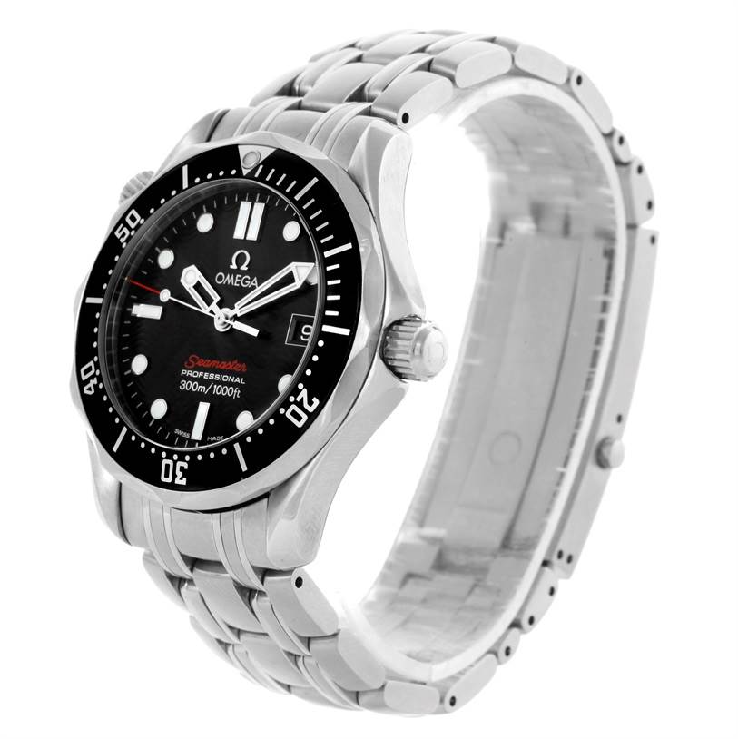 The image shows an Omega Seamaster 212.30.36.61.01.001 Men
s Stainless Steel Black Dial 212.30.36.61.01.001 Men
s Stainless Steel Black Dial watch from a front-side angle, displaying its face, bezel, crown, and stainless steel bracelet.