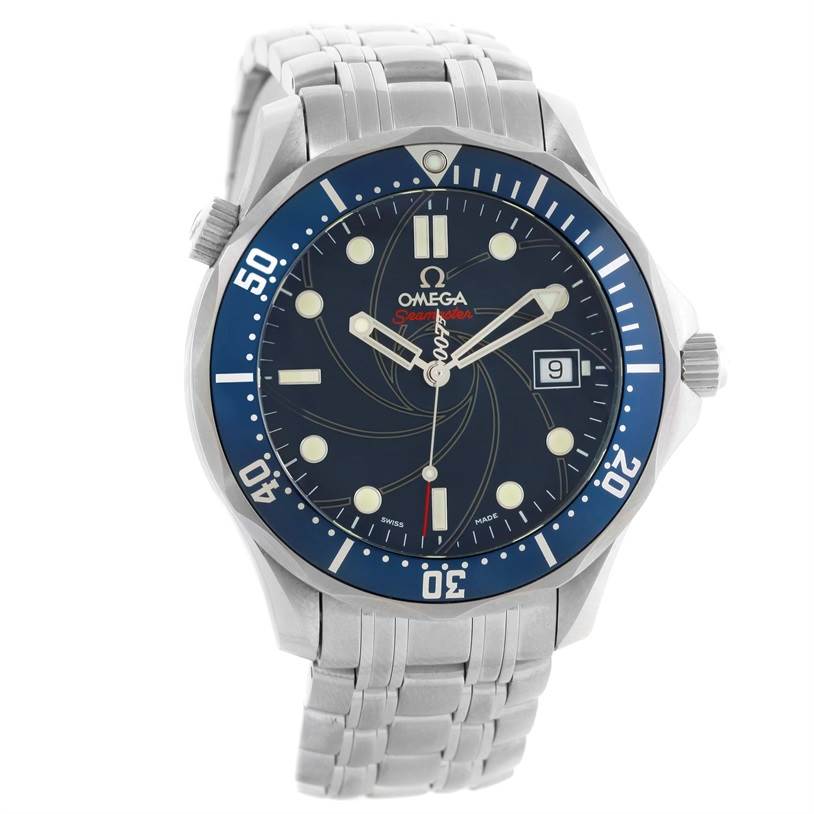 The Omega Seamaster 2226.80.00 Men
s Stainless Steel Blue Dial 2226.80.00 Men
s Stainless Steel Blue Dial watch is shown from a front angle, displaying its face, bezel, and stainless steel bracelet.