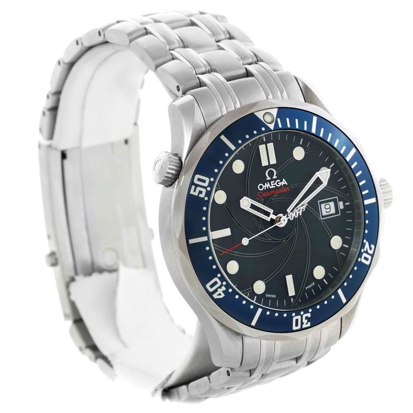 The Omega Seamaster 2226.80.00 Men
s Stainless Steel Blue Dial 2226.80.00 Men
s Stainless Steel Blue Dial watch is shown at a slight side angle, displaying its face, bezel, crown, and metal bracelet.
