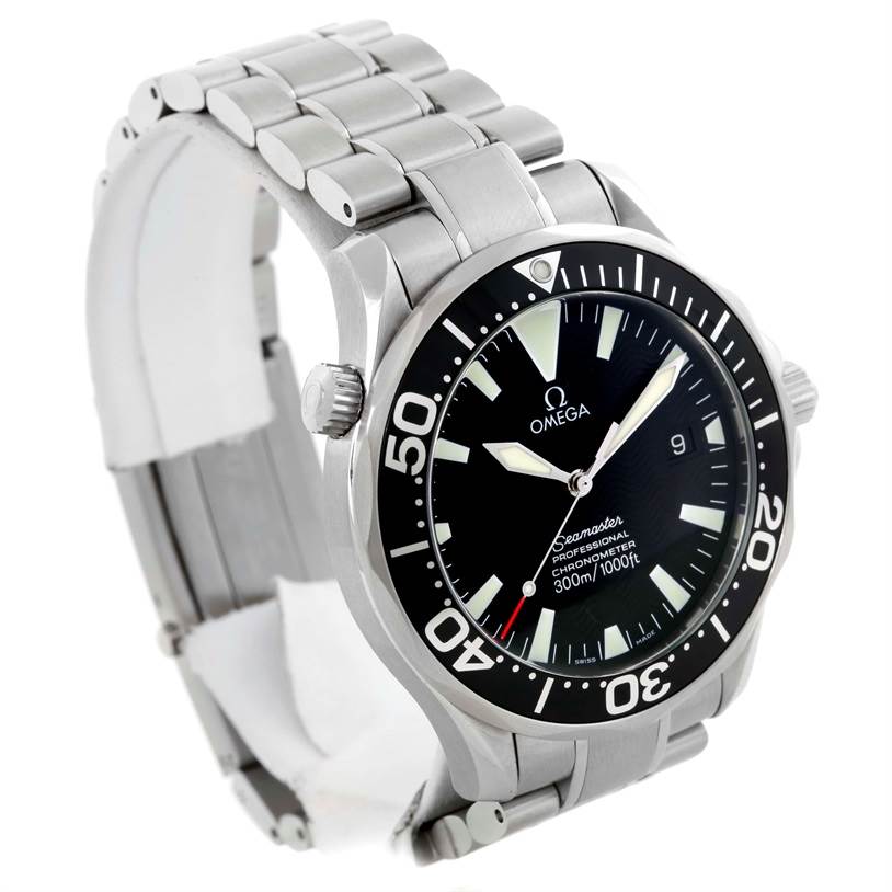 The image shows an Omega Seamaster 2254.50.00 Men
s Stainless Steel Black Dial 2254.50.00 Men
s Stainless Steel Black Dial watch from an angled view, highlighting the face, bezel, and stainless steel bracelet.