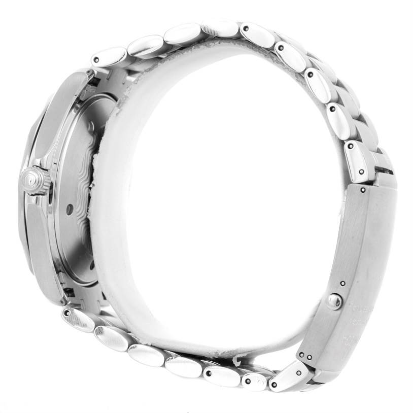 The image shows a side view of an Omega Seamaster 2254.50.00 Men
s Stainless Steel Black Dial 2254.50.00 Men
s Stainless Steel Black Dial watch, focusing on its case, crown, and metal bracelet.