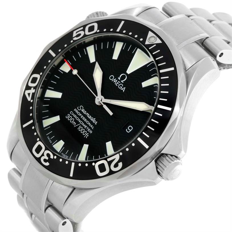 The image shows a close-up angle of an Omega Seamaster 2254.50.00 Men
s Stainless Steel Black Dial 2254.50.00 Men
s Stainless Steel Black Dial watch, highlighting the dial, bezel, crown, and a portion of the bracelet.