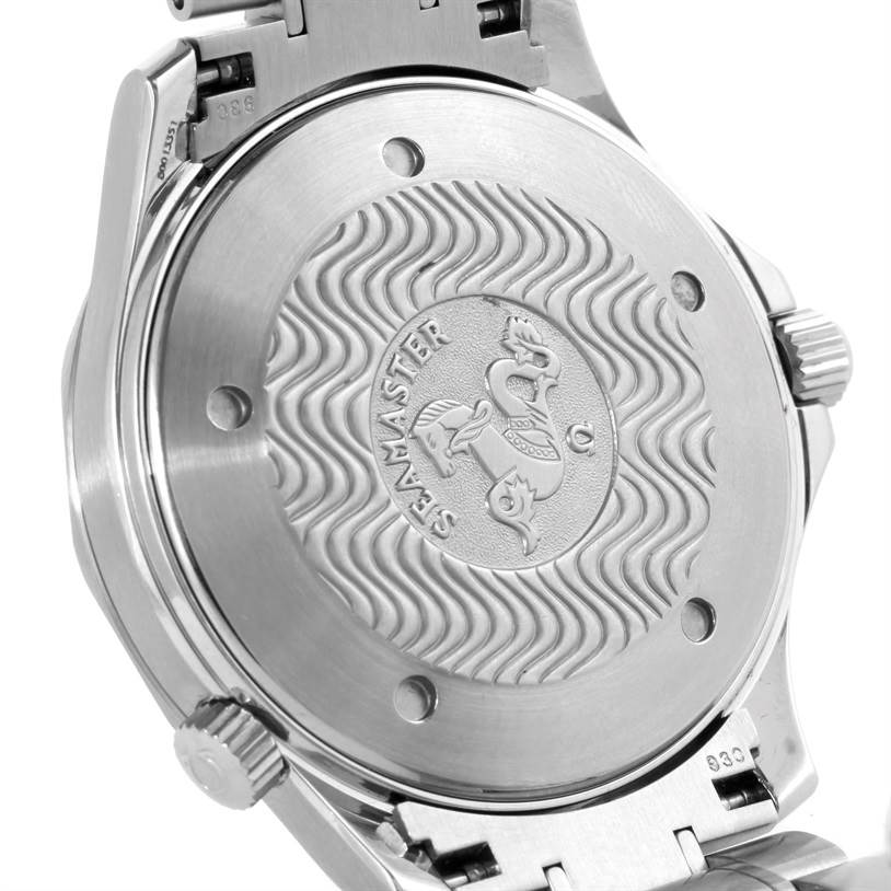 This image shows the back case of an Omega Seamaster 2254.50.00 Men
s Stainless Steel Black Dial 2254.50.00 Men
s Stainless Steel Black Dial watch from an angled view.