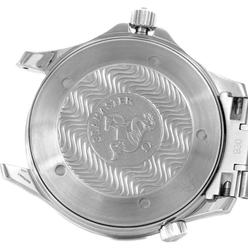 The image shows the back case of an Omega Seamaster 2264.50.00 Men's Stainless Steel Black Dial 2264.50.00 Men's Stainless Steel Black Dial watch, featuring its emblem and wave pattern detailing.