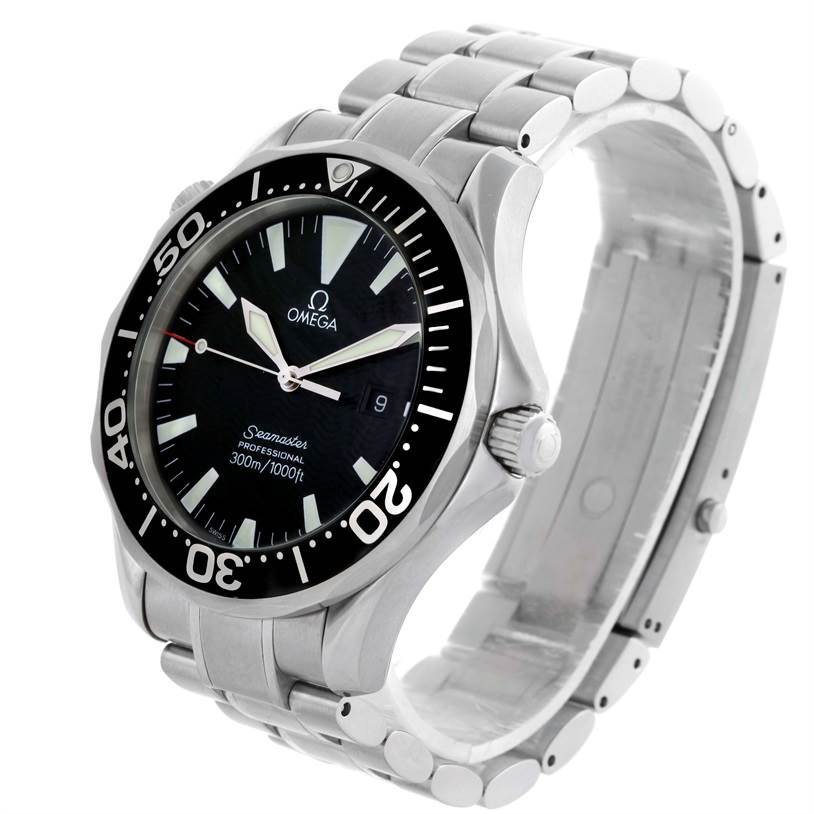The image shows a side view of the Omega Seamaster 2264.50.00 Men's Stainless Steel Black Dial 2264.50.00 Men's Stainless Steel Black Dial watch, highlighting its black dial, bezel, stainless steel bracelet, and crown.