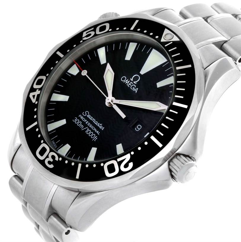 The Omega Seamaster 2264.50.00 Men's Stainless Steel Black Dial 2264.50.00 Men's Stainless Steel Black Dial watch is shown at a slightly tilted angle, highlighting the bezel, dial, crown, and part of the bracelet.