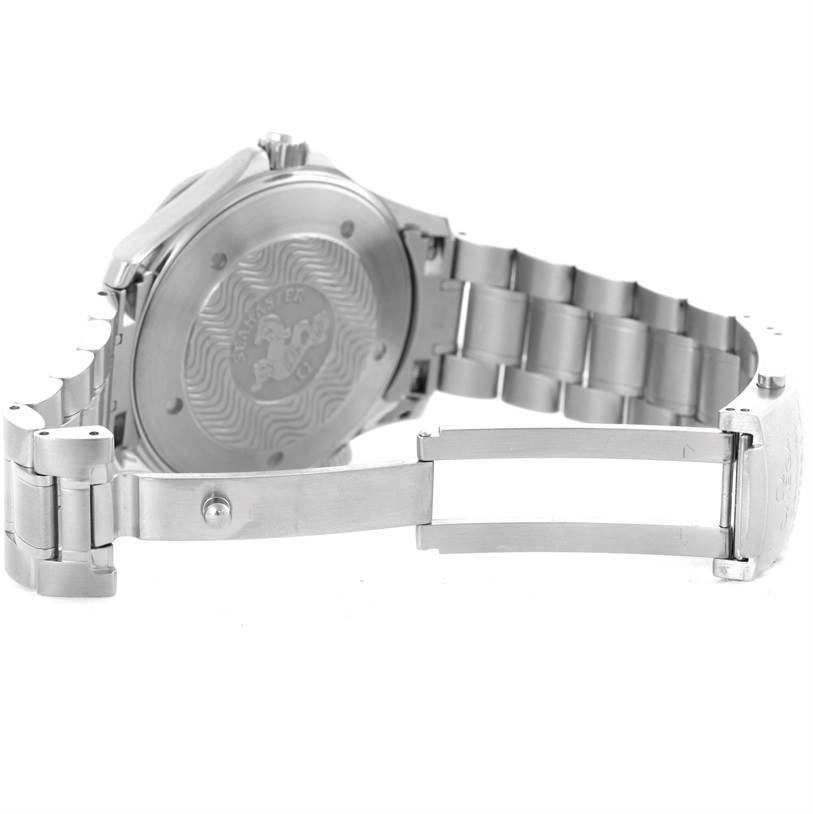 The photo shows the open bracelet and case back of an Omega Seamaster 2264.50.00 Men's Stainless Steel Black Dial 2264.50.00 Men's Stainless Steel Black Dial watch from an oblique angle.