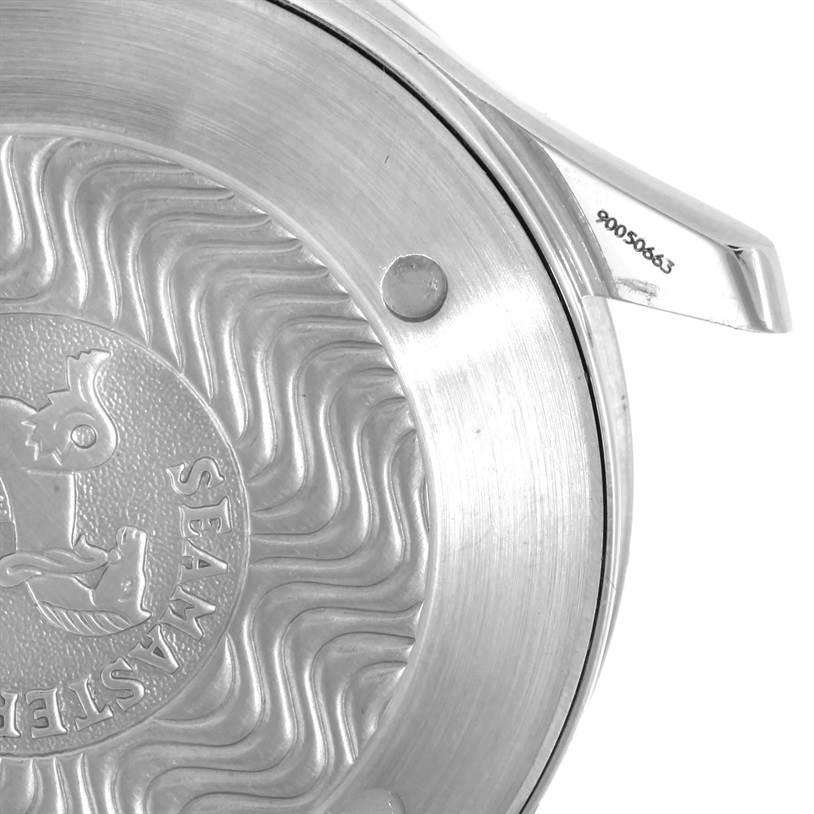 Close-up of the Omega Seamaster 2264.50.00 Men's Stainless Steel Black Dial 2264.50.00 Men's Stainless Steel Black Dial watch's case back and part of the lug, showcasing the engraved design and serial number.
