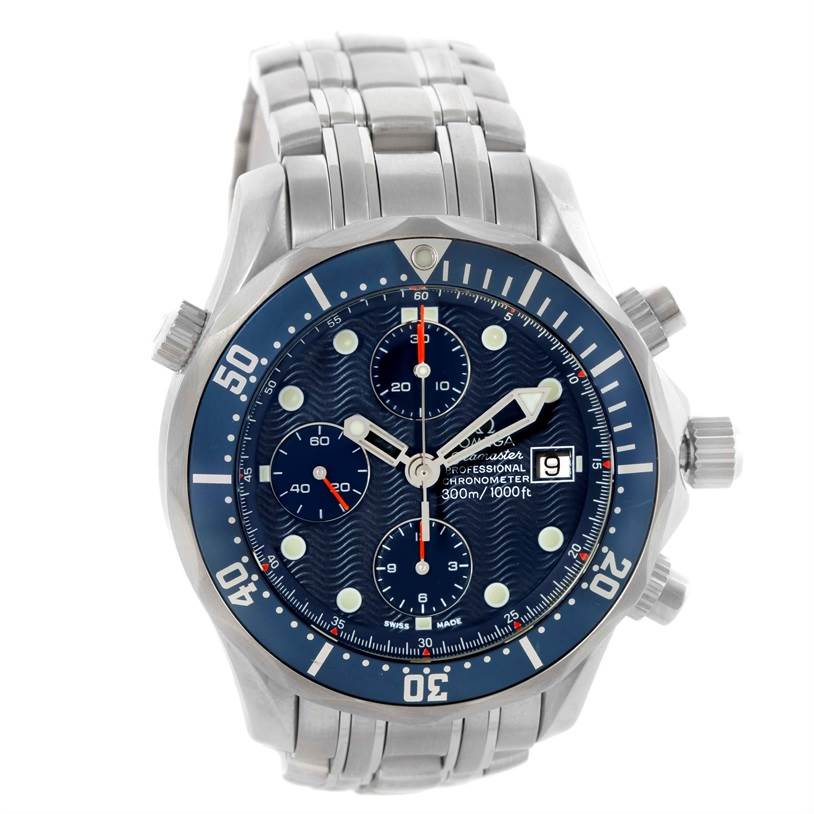 This image shows a front view of the Omega Seamaster 2599.80.00 Men
s Stainless Steel Blue Dial 2599.80.00 Men
s Stainless Steel Blue Dial watch, highlighting the dial, bezel, chronograph subdials, and bracelet.
