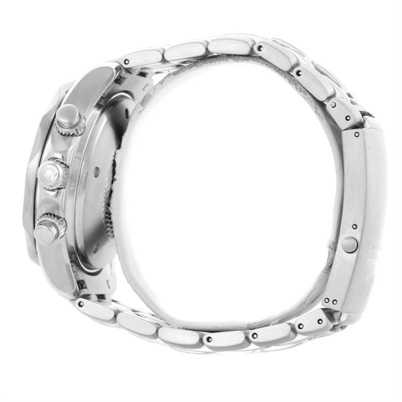 The image shows a side view of an Omega Seamaster 2599.80.00 Men
s Stainless Steel Blue Dial 2599.80.00 Men
s Stainless Steel Blue Dial watch, focusing on the case, crown, buttons, and bracelet.