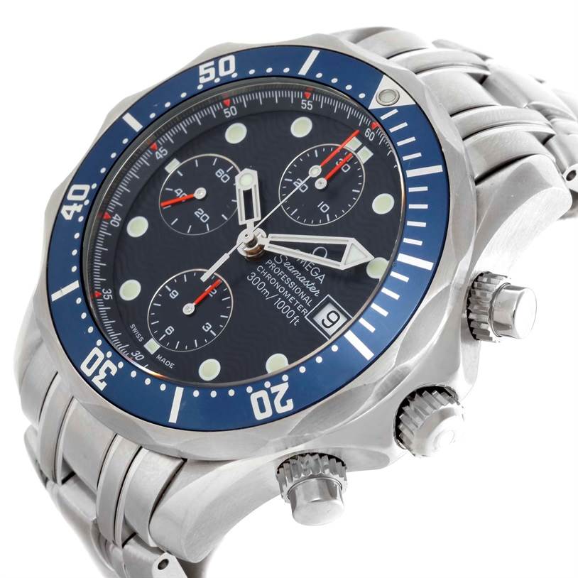 The Omega Seamaster 2599.80.00 Men
s Stainless Steel Blue Dial 2599.80.00 Men
s Stainless Steel Blue Dial watch is shown at an angled view, highlighting its blue bezel, dial, subdials, date window, and crown.