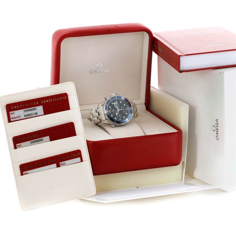 The image shows an Omega Seamaster 2599.80.00 Men
s Stainless Steel Blue Dial 2599.80.00 Men
s Stainless Steel Blue Dial watch in its case, along with its box and certificates.