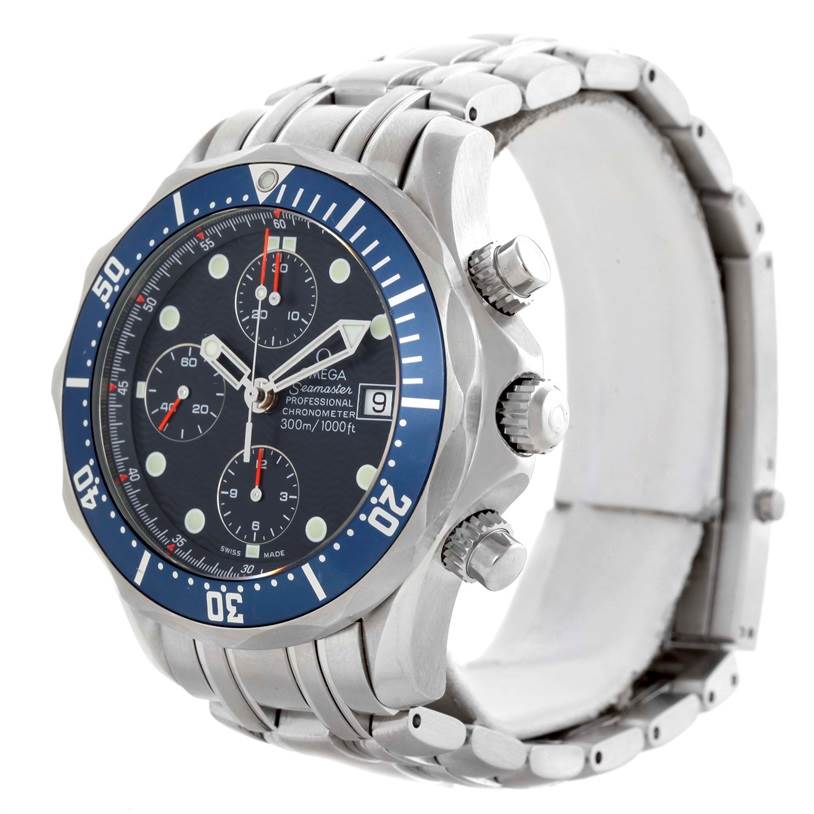 The Omega Seamaster 2599.80.00 Men
s Stainless Steel Blue Dial 2599.80.00 Men
s Stainless Steel Blue Dial watch is shown at an angle displaying its face, buttons, and part of its stainless steel band.