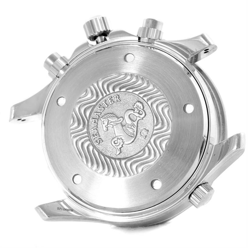 The image shows the case back and crown of an Omega Seamaster 2599.80.00 Men
s Stainless Steel Blue Dial 2599.80.00 Men
s Stainless Steel Blue Dial watch, featuring the Seamaster logo and wave design.