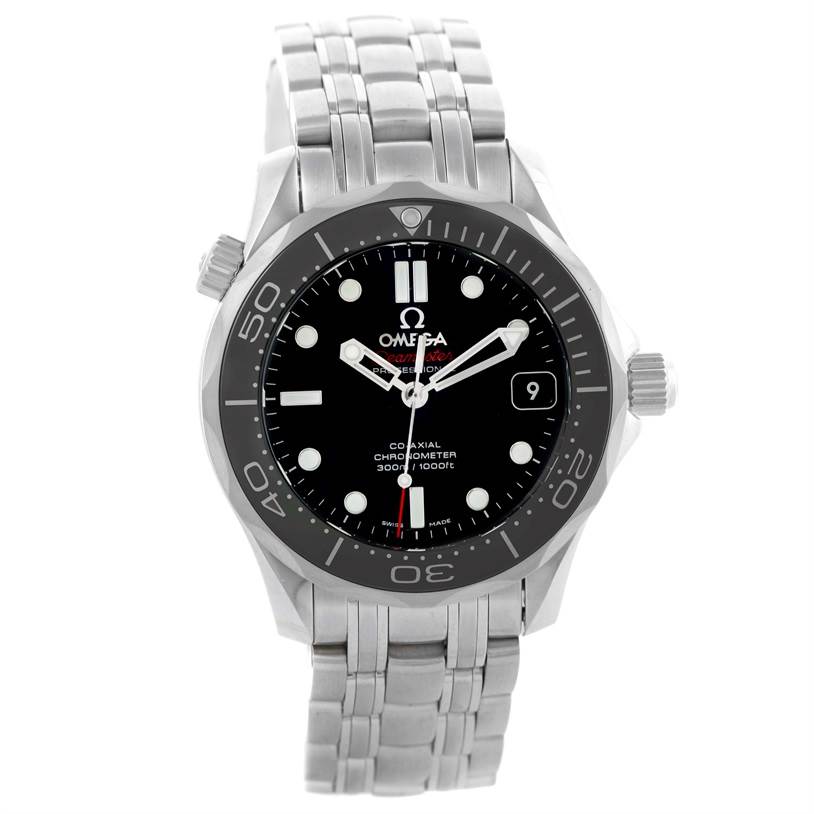 The image shows a front view of an Omega Seamaster 212.30.36.20.01.002 Men
s Stainless Steel Black Dial 212.30.36.20.01.002 Men
s Stainless Steel Black Dial watch, displaying the dial, bezel, clasp, and bracelet.