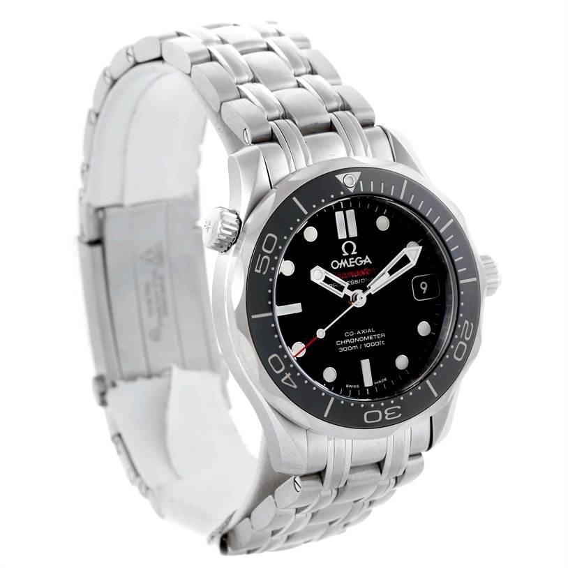 This image shows the Omega Seamaster 212.30.36.20.01.002 Men
s Stainless Steel Black Dial 212.30.36.20.01.002 Men
s Stainless Steel Black Dial watch at a three-quarter angle, highlighting the face, steel bracelet, and bezel.