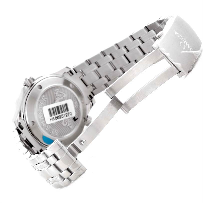 The image shows the back case and clasp of an Omega Seamaster 212.30.36.20.01.002 Men
s Stainless Steel Black Dial 212.30.36.20.01.002 Men
s Stainless Steel Black Dial watch at an angle.