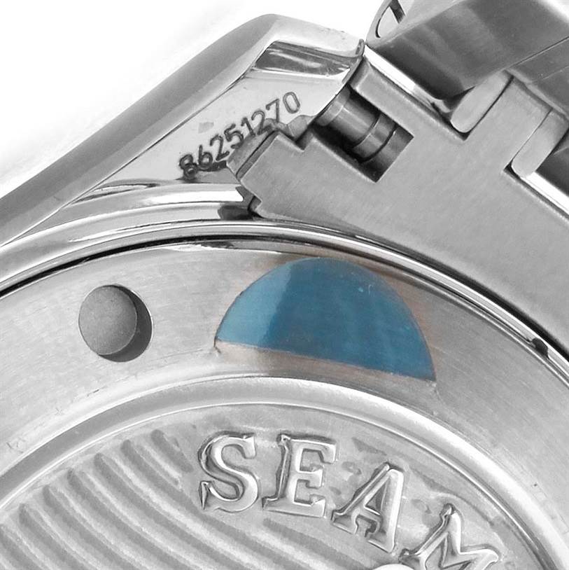 The image shows a close-up of the clasp and partial back of an Omega Seamaster 212.30.36.20.01.002 Men
s Stainless Steel Black Dial 212.30.36.20.01.002 Men
s Stainless Steel Black Dial watch.
