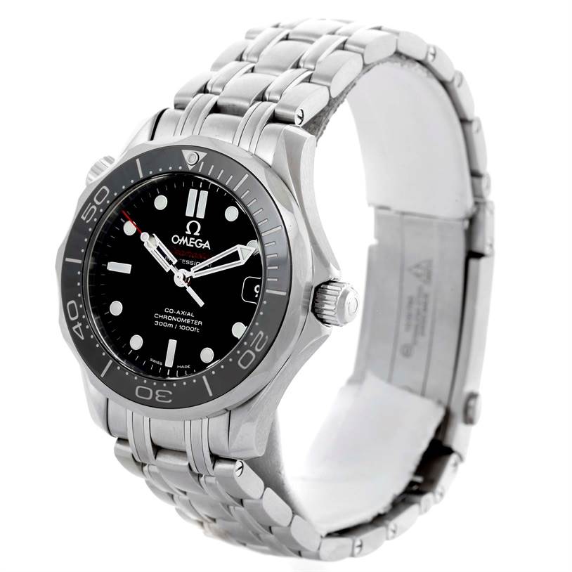 The image shows a side-angle view of an Omega Seamaster 212.30.36.20.01.002 Men
s Stainless Steel Black Dial 212.30.36.20.01.002 Men
s Stainless Steel Black Dial watch featuring the bezel, dial, hands, and bracelet.
