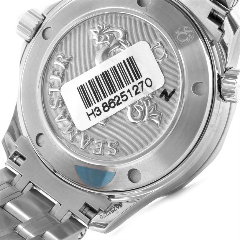 This image shows the back case of an Omega Seamaster 212.30.36.20.01.002 Men
s Stainless Steel Black Dial 212.30.36.20.01.002 Men
s Stainless Steel Black Dial watch, featuring a barcode and part of the bracelet.