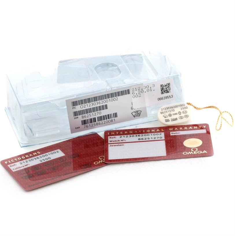 The image shows the packaging, warranty card, and pictogram card for an Omega Seamaster 212.30.36.20.01.002 Men
s Stainless Steel Black Dial 212.30.36.20.01.002 Men
s Stainless Steel Black Dial model.