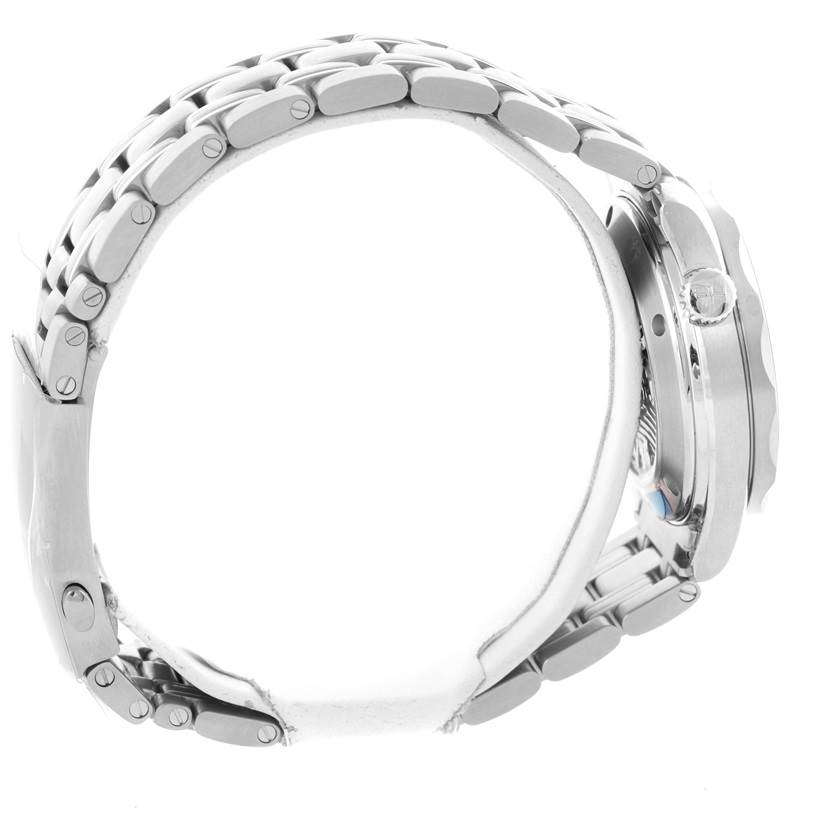 The image shows a side view of an Omega Seamaster 212.30.36.20.01.002 Men
s Stainless Steel Black Dial 212.30.36.20.01.002 Men
s Stainless Steel Black Dial watch, highlighting the bracelet and the crown.